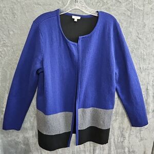 Talbots Women's Med Blue black gray Open Front Long Sleeve Cardigan Tunic